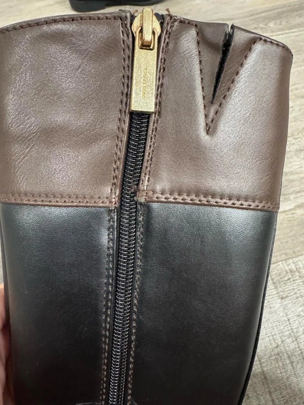 Michael Kors Emma Kelly Black and Brown Tall Riding Boots with Gold MK Emblem